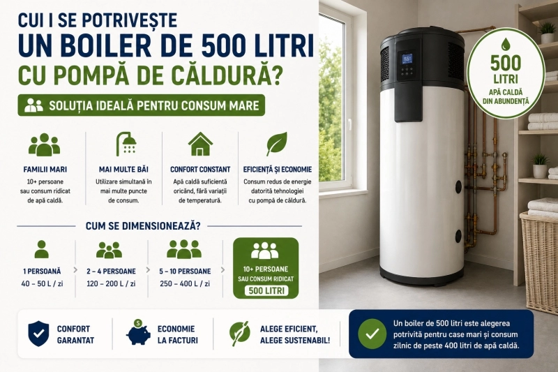 Cui i se potrivește un boiler de 500 litri cu pompa de caldură? Dimensionare și recomandări