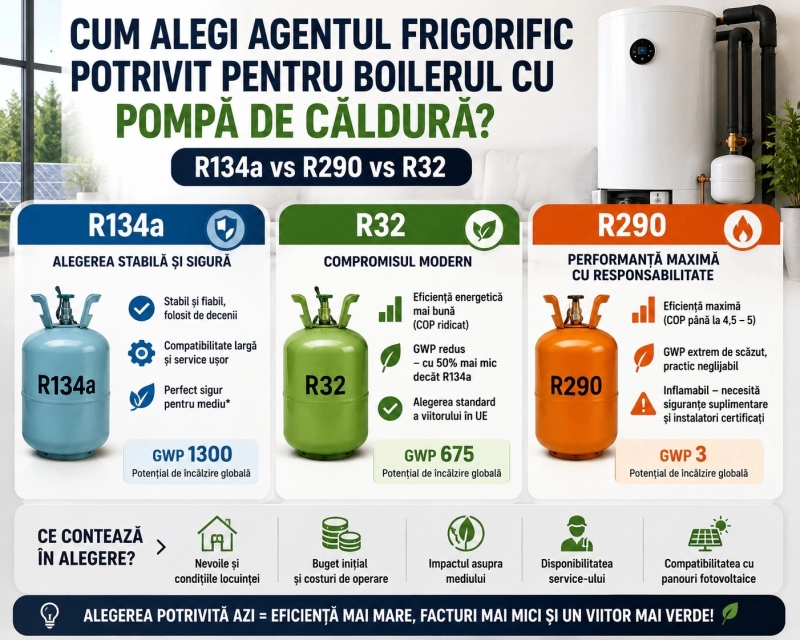 Cum alegi agentul frigorific potrivit pentru boilerul cu pompa de caldura - R134a vs R290 vs R32