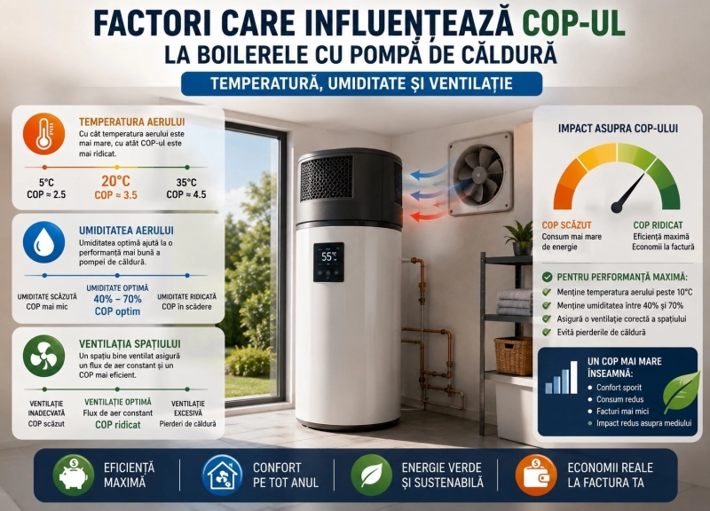 Factori care influențează COP-ul la boilerele cu pompă de căldură - temperatură, umiditate și ventilație