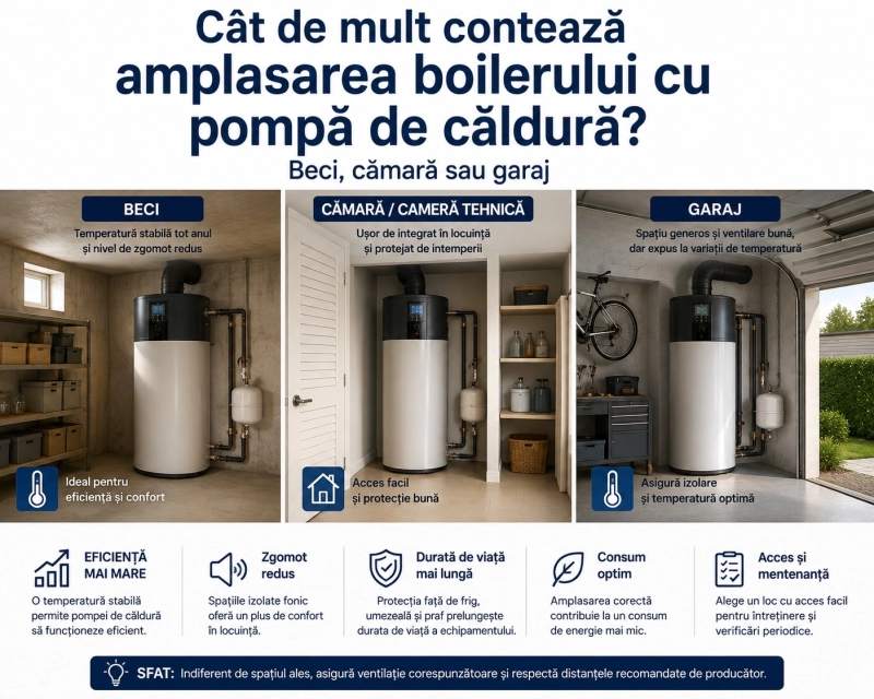 Unde montezi boilerul cu pompa de caldura: beci, garaj sau camara?